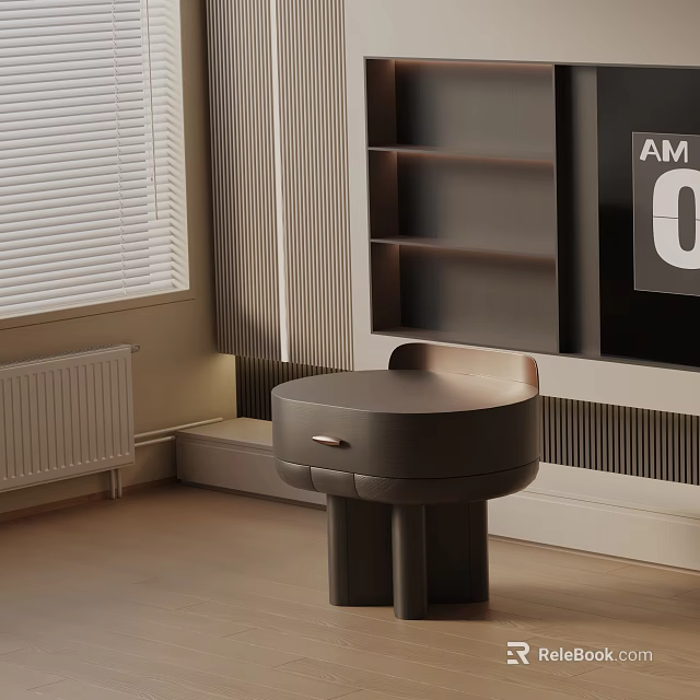 Modern Bedroom Nightstand Design With Dark Brown Round Top Drawer And Cylindrical Legs 3d model 