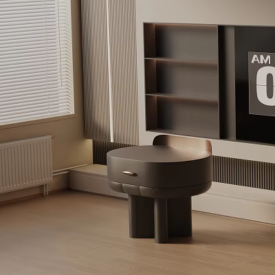 Modern Bedroom Nightstand Design With Dark Brown Round Top Drawer And Cylindrical Legs 3d model