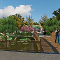 Traditional Chinese Garden Landscape with Lotus Pond Small Bridge Green Trees and Pathways