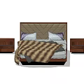 Modern Double Bed With Geometric Pattern Headboard Two Pillows Brown Blanket And Bedside Tables