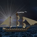 Vintage Sailing Ship with White Sails Sailing on Blue Ocean Water and Seagulls Flying