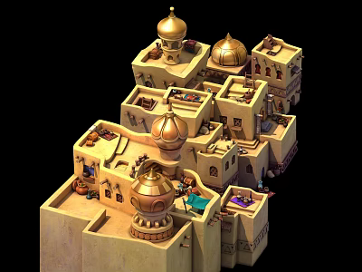 3D Model of European Architecture with Golden Domes Beige Exteriors and Courtyard Details 3d model