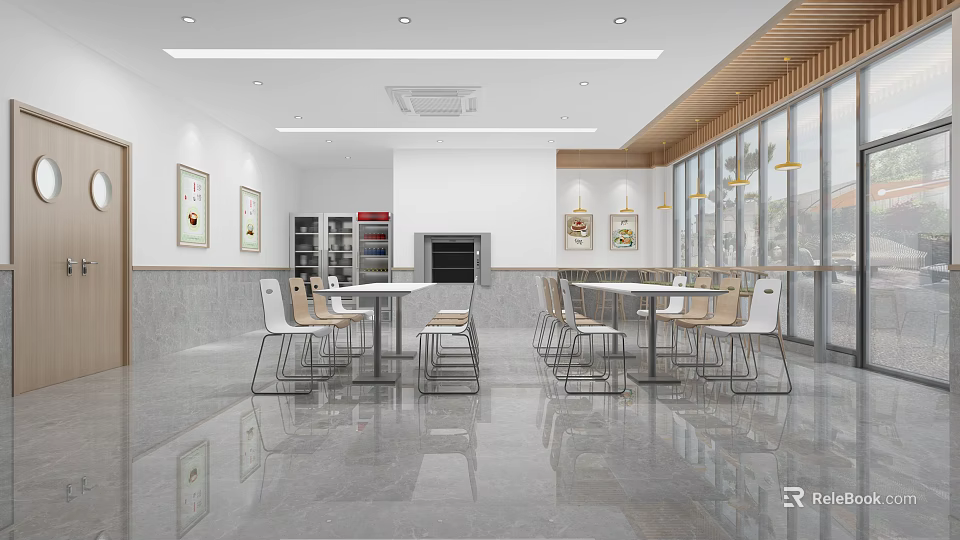 Modern Dining Area Interior With White Tables Chairs Storage Cabinets And Large Windows 3d model