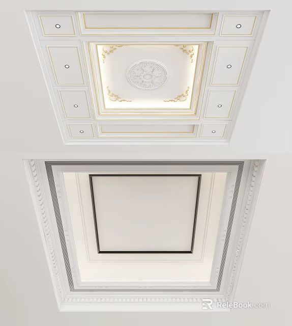 Elegant Ceiling Featuring Medallion Gold Accents Recessed Lights Square White Panel Gray Trim Crown Molding 3d model 