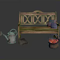 Wooden Garden Bench With Metal Watering Can Cushion And Apple Basket