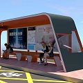 Modern Bus Stop Design Featuring Transparent Glass Lighting Sunset Sky And Pedestrians