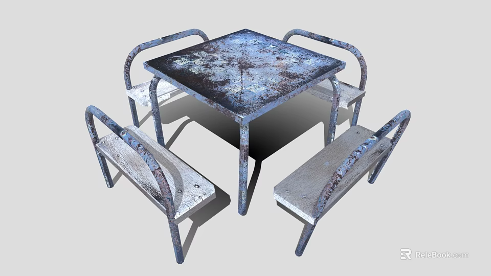 Weathered Metal Outdoor Table with Chairs and Benches for Rustic Garden Patio 3d model 