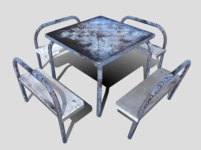 Weathered Metal Outdoor Table with Chairs and Benches for Rustic Garden Patio 3d model