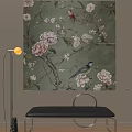 Vibrant Botanical Painting with Pink and White Peonies Branches and Birds on Green Canvas