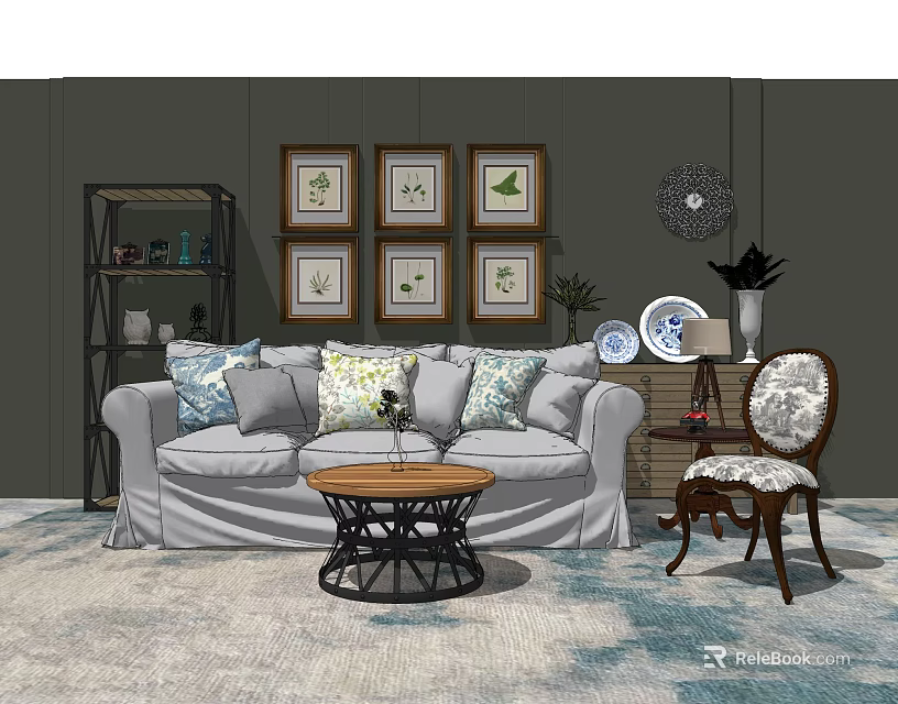 Cozy Sofa and Coffee Table Set with Decorative Pillows Framed Pictures and Area Rug 3d model 