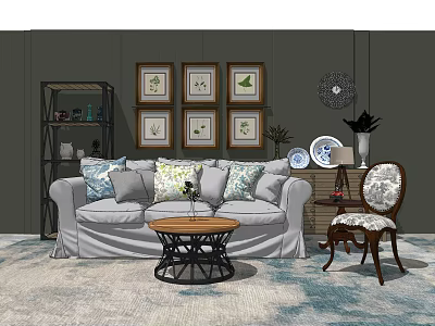 Cozy Sofa and Coffee Table Set with Decorative Pillows Framed Pictures and Area Rug 3d model