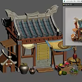 Ancient Traditional Building With Tiled Roof Wooden Structure Stall Lantern And Fruit Baskets
