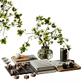 Ornamental Decor Set With Green Plant In Glass Vase Books Wooden Tray Glasses And Blocks