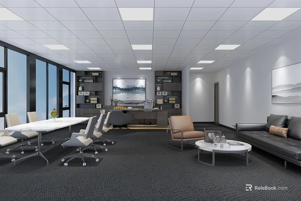 Modern Office Interior Design With Large Windows Conference Table Rolling Chairs And Sofa Area 3d model