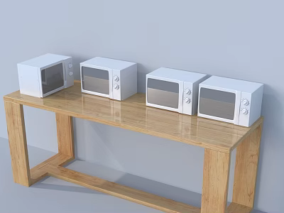 Four White Microwaves Placed On Wooden Long Table With Light Colored Wall Background 3d model