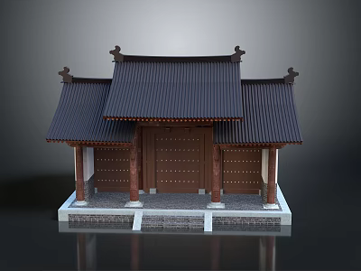 Traditional Chinese Architectural Model With Tiled Roof Wooden Door And Stone Columns 3d model
