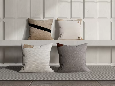 Modern Minimalist Throw Pillows In Beige Gray With Black Stripe On White Paneled Wall 3d model