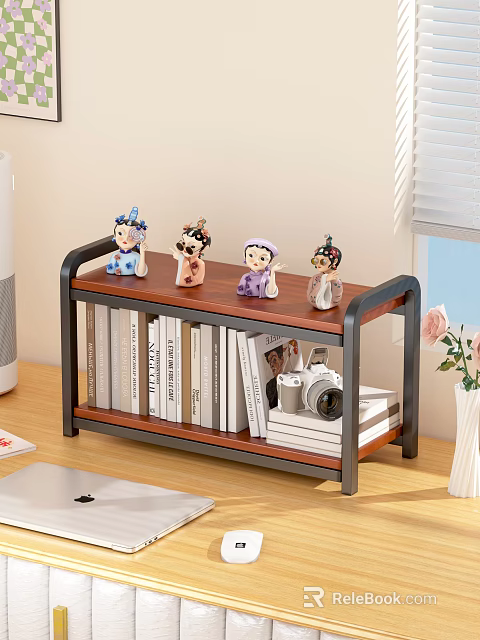 Modern Study Desk with Wooden Bookshelf Featuring Decorative Figurines Books and Vintage Camera 3d model 
