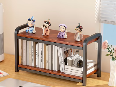 Modern Study Desk with Wooden Bookshelf Featuring Decorative Figurines Books and Vintage Camera 3d model