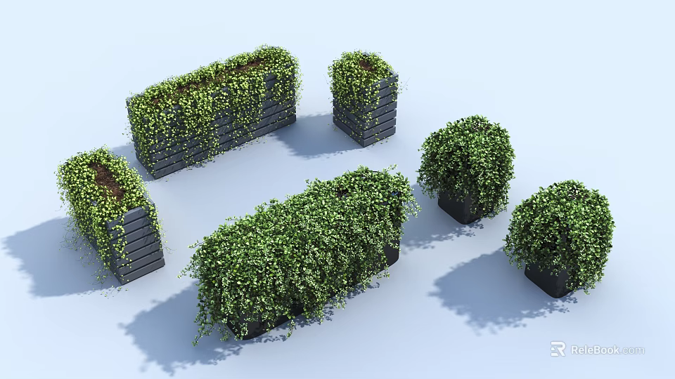 Lush Green Vines Growing in Black Planters of Various Shapes for Garden Decor 3d model 
