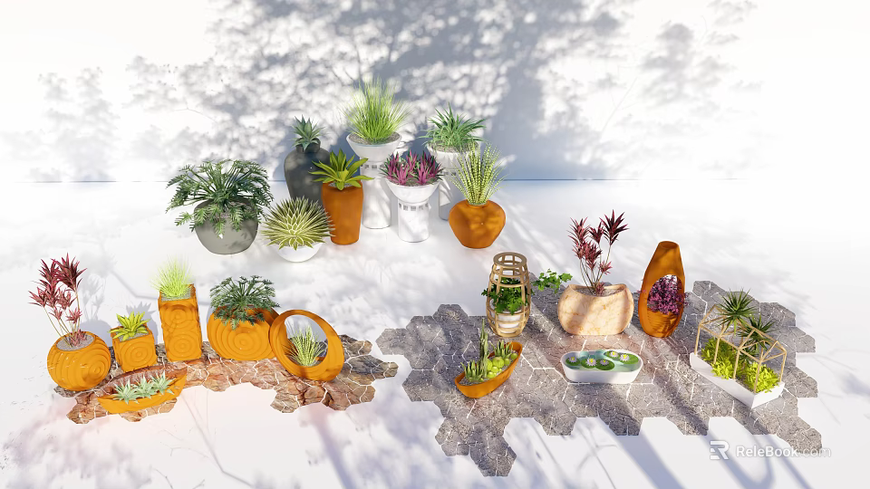 Various Bonsai Potted Plants With Different Colored Pots And Diverse Greenery 3d model