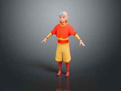 3D Animated Character With Bald Head Red Yellow Outfit And Open Arms Pose 3d model