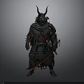 A Man In Traditional Samurai Armor With Horned Helmet Holding Red Glowing Blade