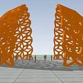 Modern Orange Pergola With Symmetric Hollow Design And Reflection In Open Space