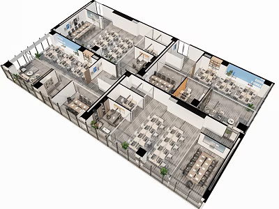 Open Office Floor Plan With Multiple Workstations Meeting Rooms And Green Seating Areas 3d model