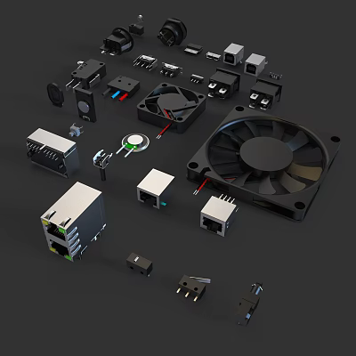Various Types of Industrial Equipment Components Including Fans Modules And Electronic Parts 3d model