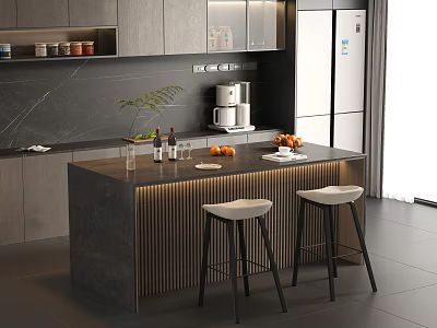 Modern Kitchen Bar Counter With Gray Top Lighting And Two White Bar Stools 3d model