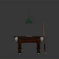 Classic Green Felt Billiard Table With Wooden Legs Lamp Shade Cue Stick And Balls