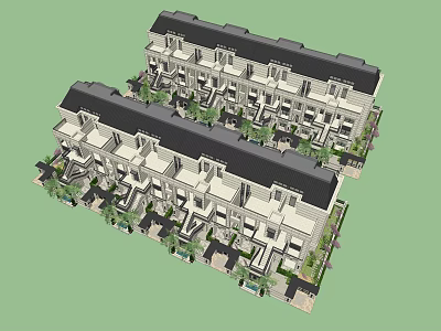 Modern Townhouse Complex With Black Roofs White Exteriors And Landscaped Gardens 3d model