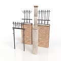 Ornamental Iron Railings Stone Pillars And Brick Wall Decorative Elements 3d model