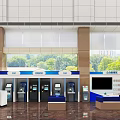 Modern Bank Interior With Large Windows ATM Kiosks Comfortable Lounge And Greenery View