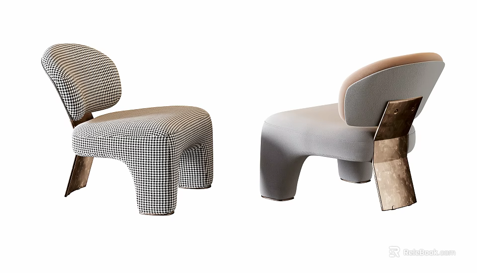 Modern Single Sofa With Checkered Fabric Gray Upholstery And Metal Legs Design 3d model 