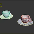 White And Blue Patterned Porcelain Cups With Gold Rim And Matching Saucers