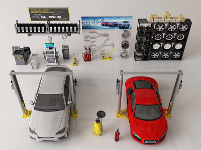 Car Repair Workshop With White And Red Cars Tools Tires And Equipment 3d model