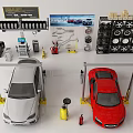 Car Repair Workshop With White And Red Cars Tools Tires And Equipment