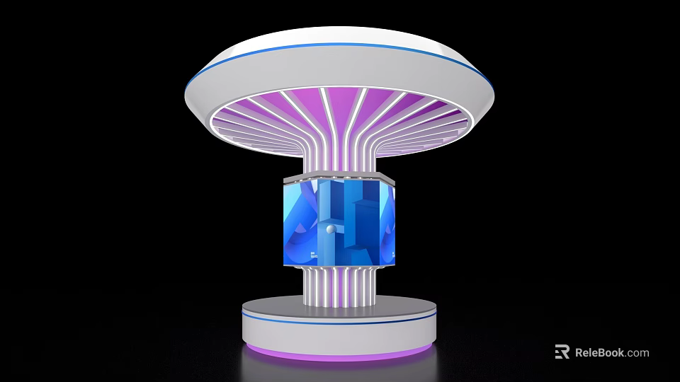 Futuristic Display Island With Illuminated Purple Stripes And Blue Glass Panel 3d model 