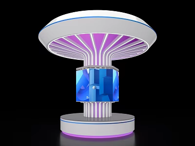 Futuristic Display Island With Illuminated Purple Stripes And Blue Glass Panel 3d model