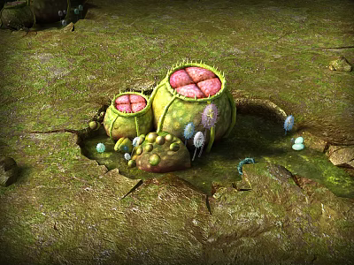 Cartoon Scene Featuring Large Green Plant Structures with Red Centers Small Mushrooms on Mossy Ground 3d model