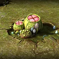 Cartoon Scene Featuring Large Green Plant Structures with Red Centers Small Mushrooms on Mossy Ground