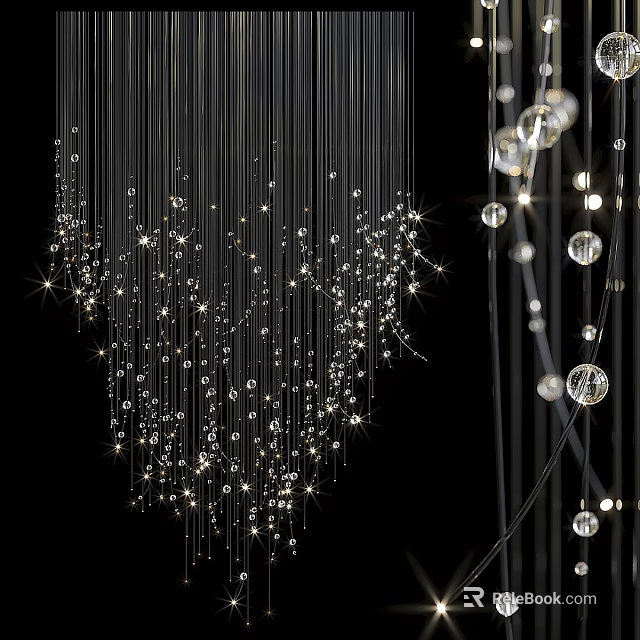Elegant Chandelier With Hanging Crystal Beads On Sleek Strings And Sparkling Lights 3d model 