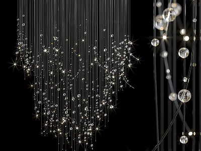 Elegant Chandelier With Hanging Crystal Beads On Sleek Strings And Sparkling Lights 3d model