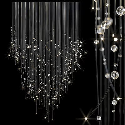 Elegant Chandelier With Hanging Crystal Beads On Sleek Strings And Sparkling Lights 3d model