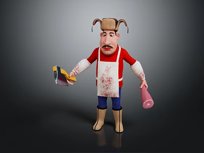 Animated Game Movie Character in Red Shirt Blue Apron with Bloodstains Holding Palette and Ham 3d model