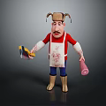 Animated Game Movie Character in Red Shirt Blue Apron with Bloodstains Holding Palette and Ham