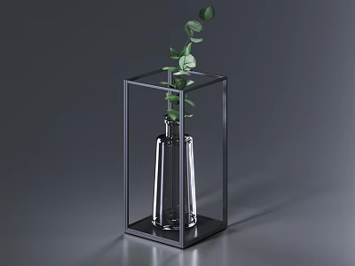 Decorative Transparent Glass Vase With Green Eucalyptus In Black Metal Cube Frame 3d model