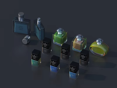 Perfume Cosmetics Bottles With Different Colors Various Shapes Dark Glass And Colorful Liquids 3d model